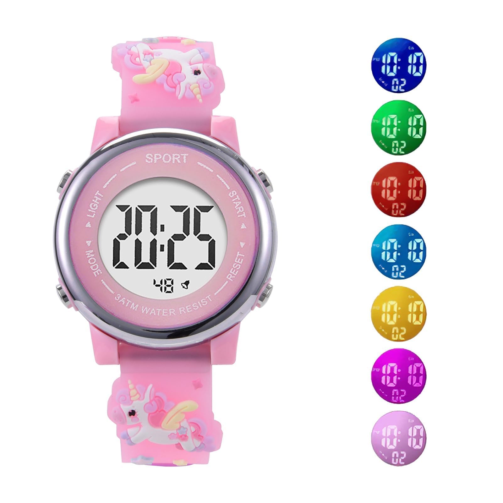 Reloj Infantil Digital Educativo de Silicona con Dibujos Animados 3D, Luz LED 7 Colores, Multifunción Regalo para Niñas 3-12 Años