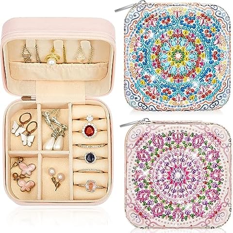 Hinly 2 Pcs Portable Diamond Painting Jewelry Storage Box Diamond Art Accessories PU Leather Jewelry Ring Organizer Case Travel Jewelry Organizer(Charming Style,Elegant Color) Cover
