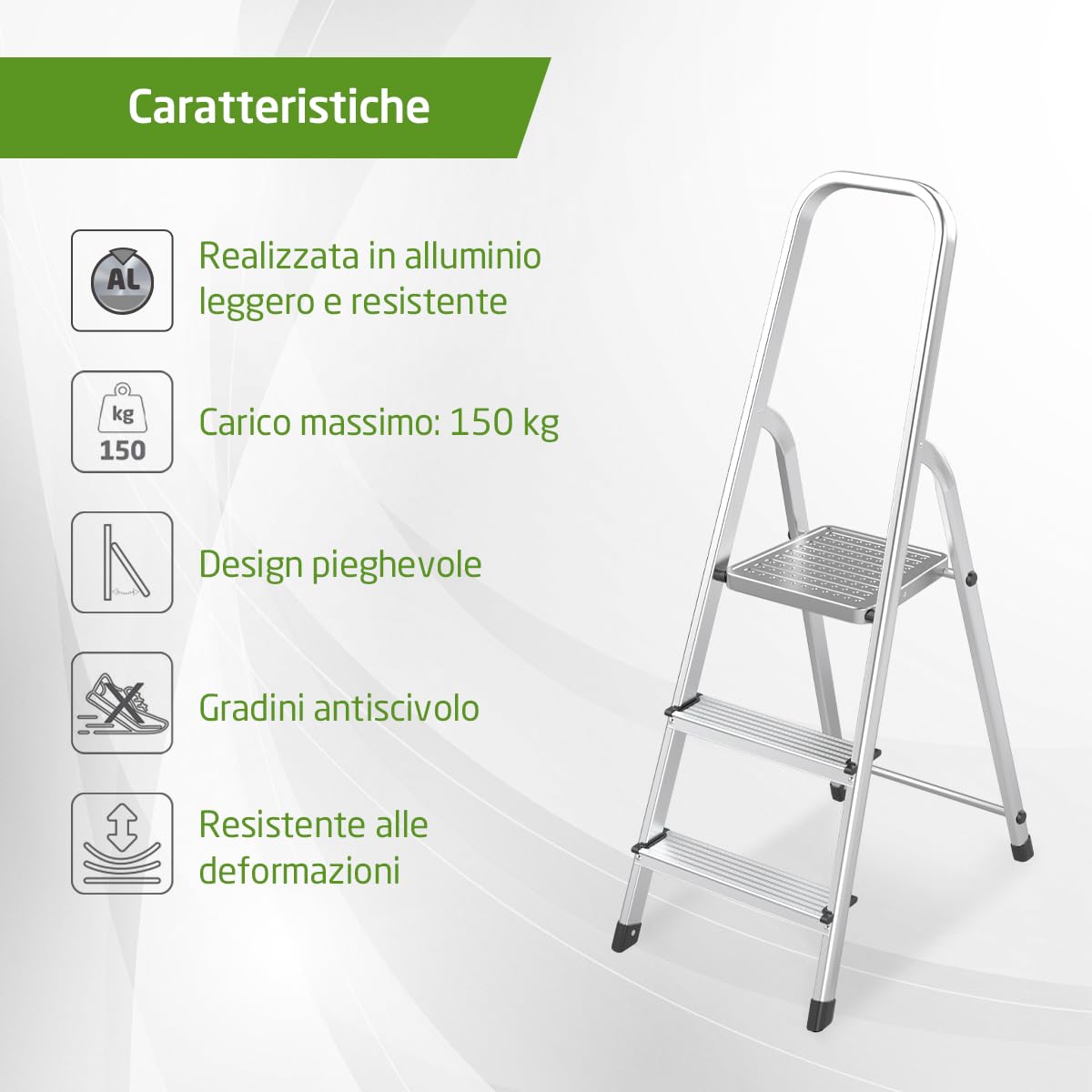 Amig - Scaletta pieghevole - 3 gradini - Realizzata in alluminio - Dimensioni gradino piccolo: 28x8 cm - Dimensioni gradino grande: 25x25x28 cm - Per uso domestico - Carico massimo 150 kg