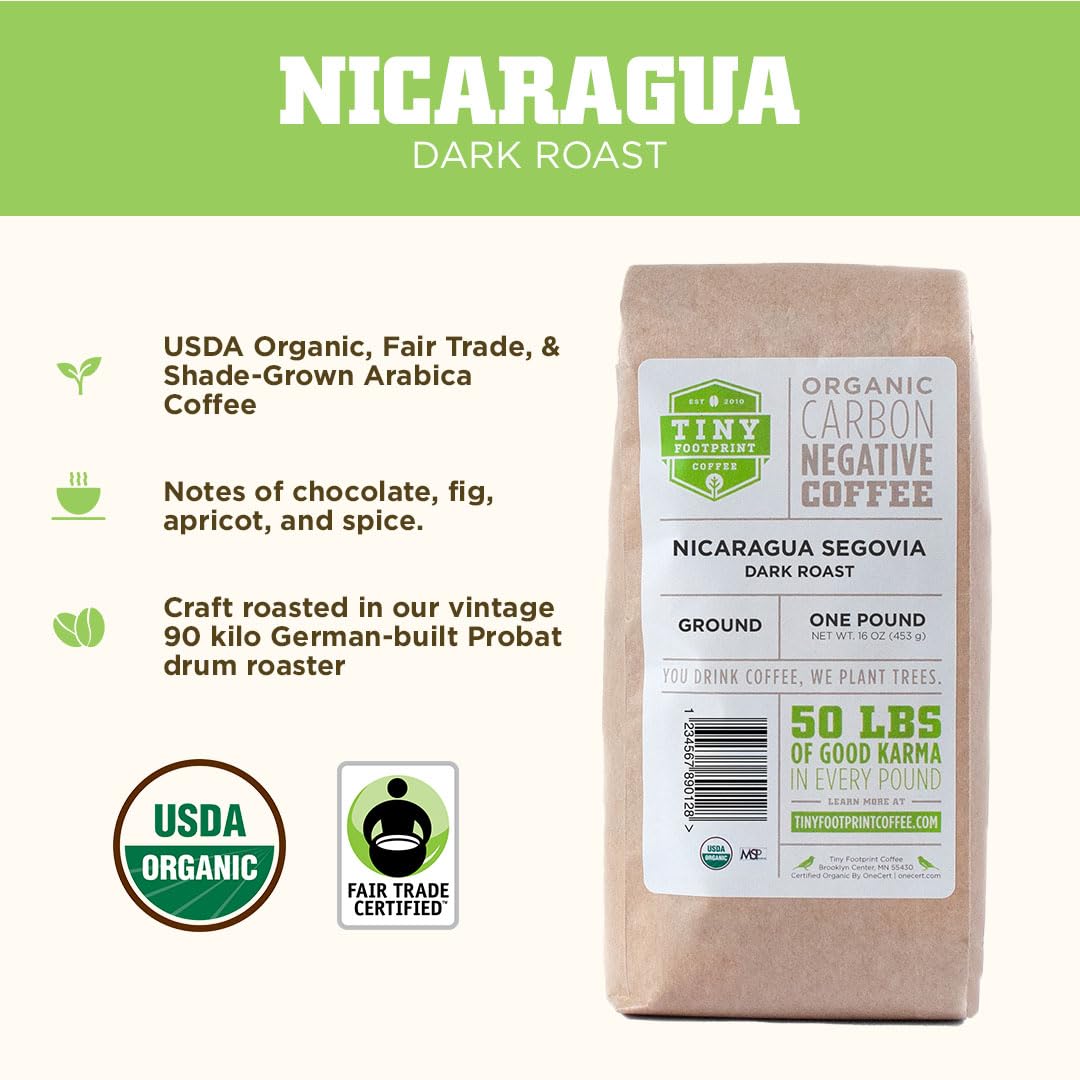 Tiny Footprint Coffee - Nicaragua Segovia, Dark Roast, USDA Organic Coffee - Shade Grown, Fair Trade Certified & Carbon Negative - Ground Coffee, 16 Oz (Pack of 3)