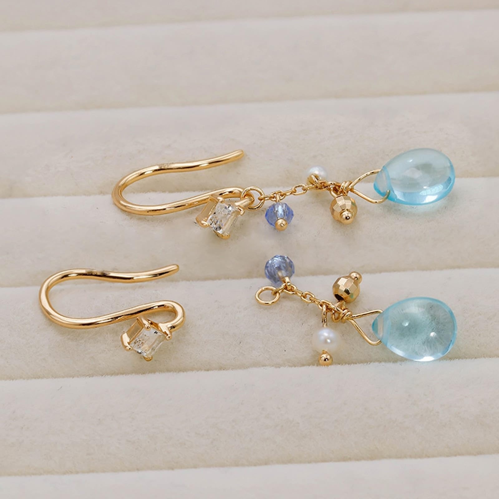 9K/14K/18K złote kolczyki z kropli niebieski topaz, klasyczne żółte złoto Au 375/585/750 prawdziwe kolczyki z perłą
