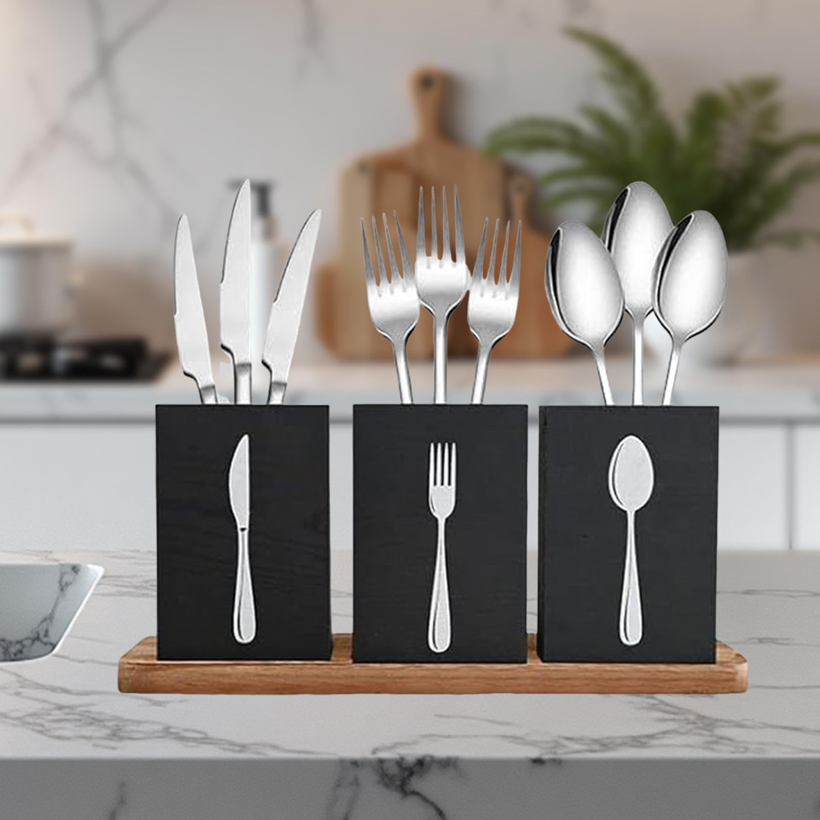 Porta Utensilios de Cocina, Porta Cubiertos, Organizador de Utensilios de Encimera de Madera con Bandeja, Organizador de Cubiertos para Cocinar Y para, Negro, tal como se describe
