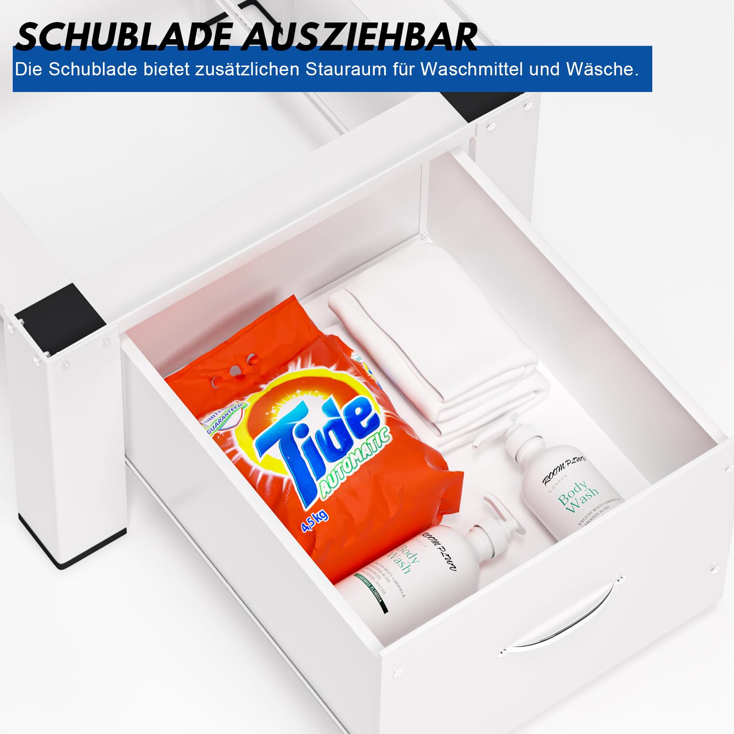 Waschmaschinen Untergestell mit integrierter Schublade, Waschmaschine Sockel, verstellbares Podest für Trommelwäschetrockner und Gefrierschrank Rahmen