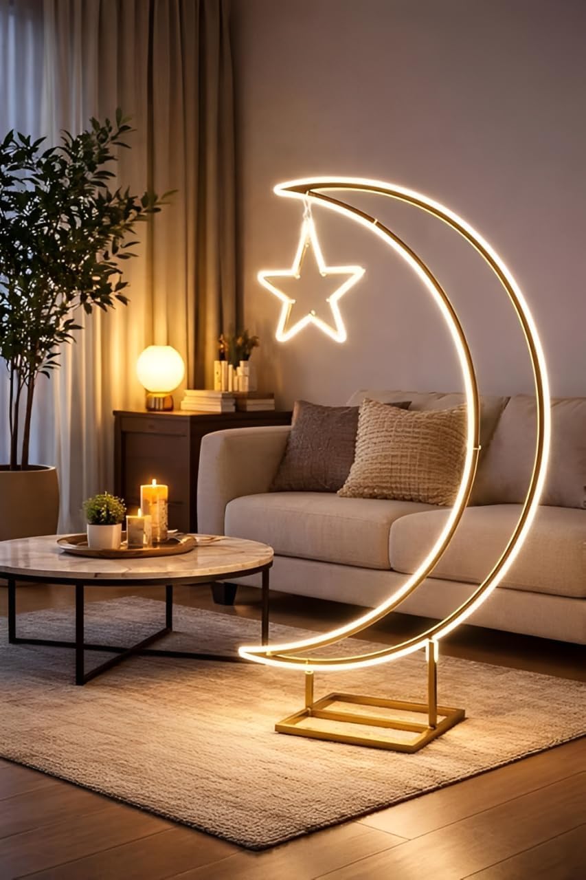 Ramadan Moon LED Floor Lamp with Star, Warm White Crescent Standing Light, Islamic Home Decor, Eid Decorations for Home Prayer Room (80cm)