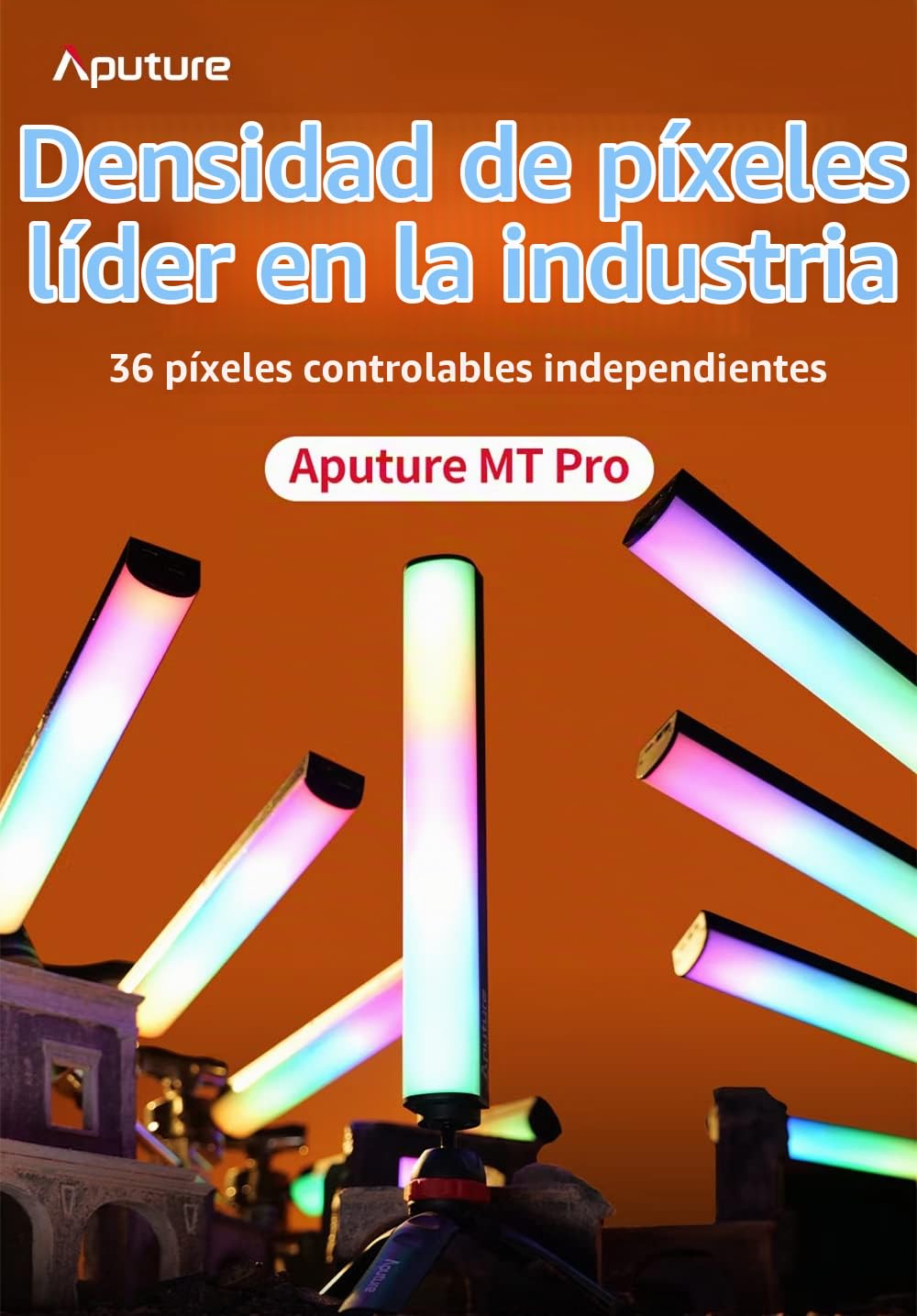 [Primera Luz de Píxeles] Aputure MT Pro - Mini Tubo de Luz con Salida a Todo Color, 2,000-10,000K Barra de Luz con 36 RGB-WW Pixels LEDs, Soporte DMX, Efectos y Controles para Fotografía y Videografía