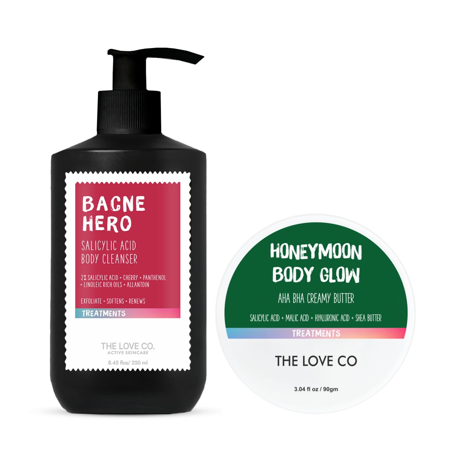 THE LOVE CO 02% Salicylic Acid Body Wash +10% AHA + 2% BHA Body Butter - Body & Back Acne | Prevents Dry, Rough, Bumpy, and Strawberry Skin | Deep Cleanses Skin - Combo Pack of 2