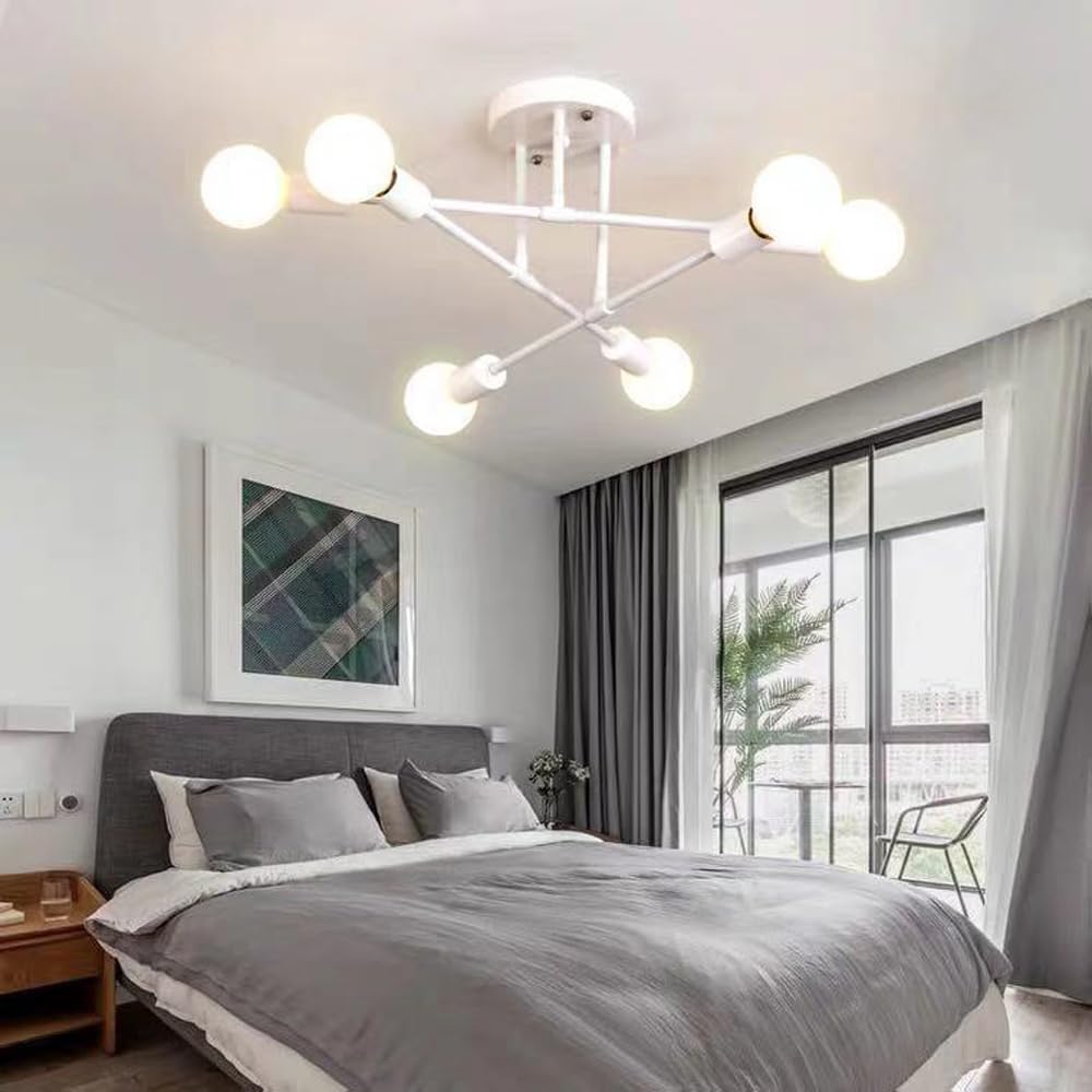 Retro Chandelier Light, 6 Lights E27 White Ceiling Lights, Semi Flush Mount Pendant Ceiling Lighting Fixtures for Living Room Bedroom Kitchen Dining Room (White)