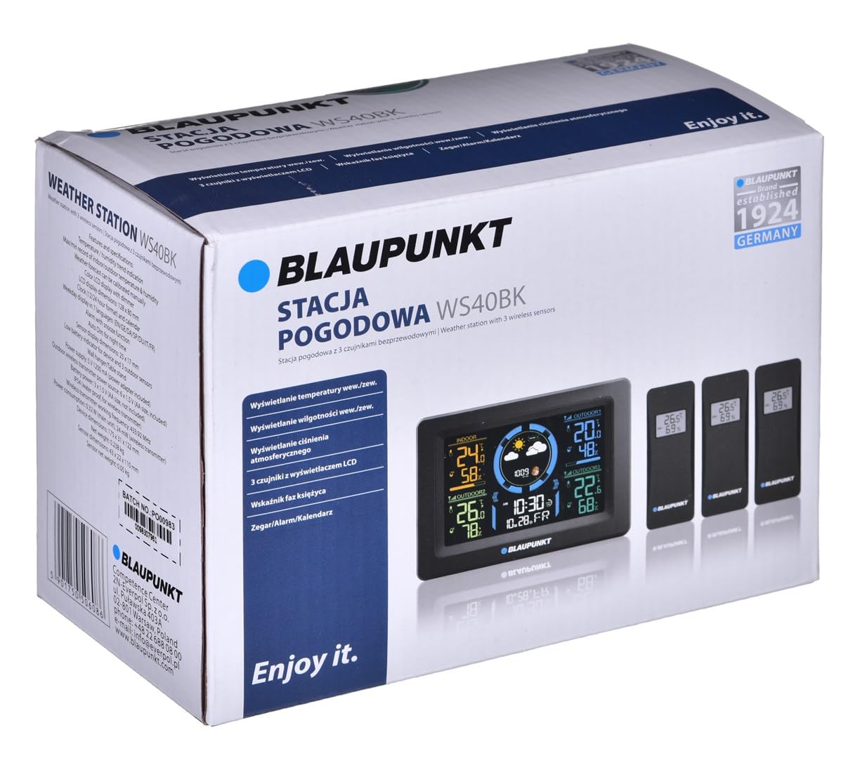Blaupunkt WS40BK Wetterstation mit 3 externen Temperatur- und Luftfeuchtigkeitssensoren LCD-Display
