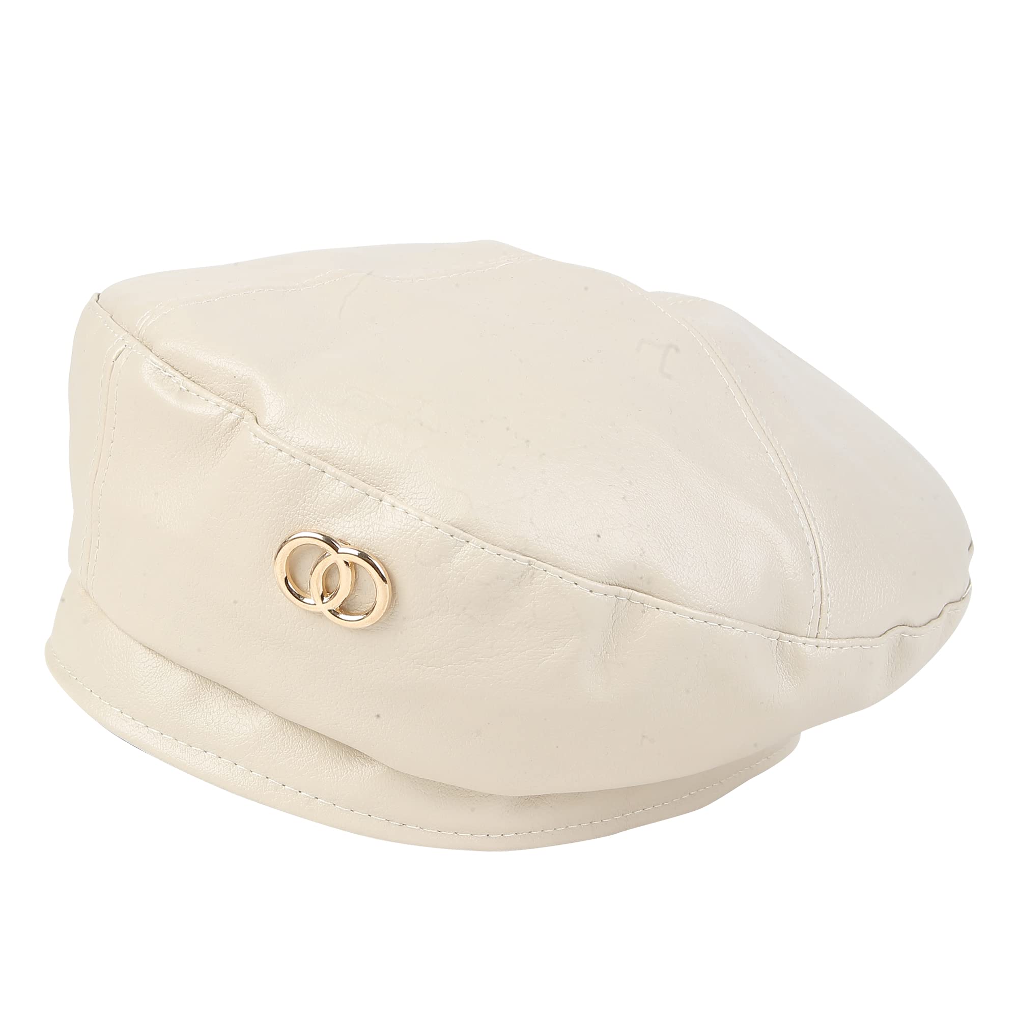 iSWEVEN French Beret Cap All Season Unisex Artist Newsboy Hats, Ascot PU Leather British Style Adjustable Women's Caps, WBC8113B (Cream, Free Size) - Image 5 thumbnail