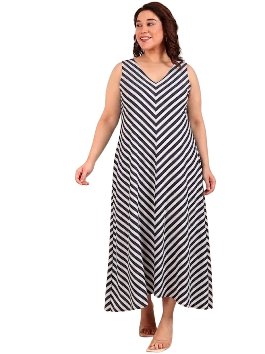 the pink moon Women's Plus Size Maxi Dress Navy White Striped Sleeveless Casual Polyester A-Line with V-Neckline-picture-22