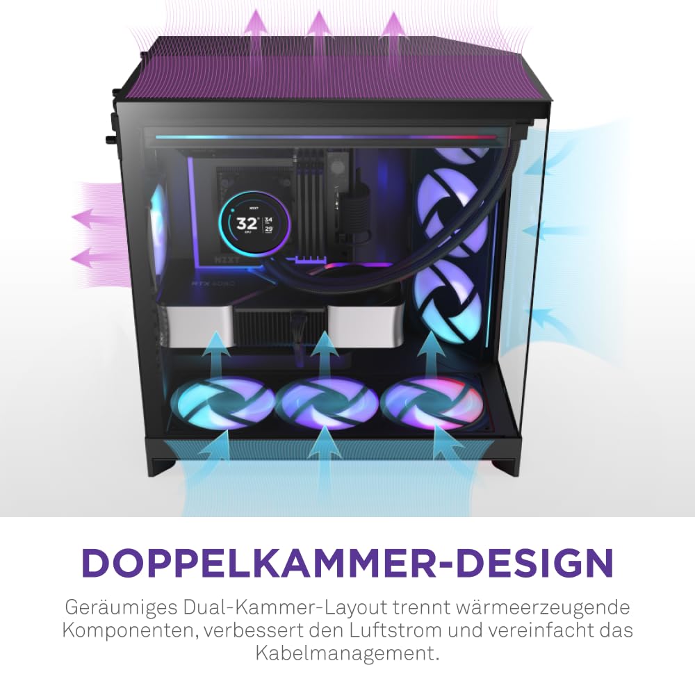 NZXT H9 Flow RGB+ (2025) – Großes Dual-Kammer ATX Mid-Tower Airflow PC-Gehäuse – Enthält 7 RGB-Lüfter (6 x 140mm, 1 x 120mm) und Steuerungshub – 420mm Radiatorunterstützung – Schwarz