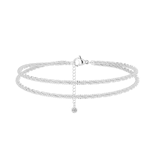 Freekiss Sterling Silver Ankle Bracelets for Women: Dainty Layered Waterproof Anklet for Women Adjustable Womens Anklet Set Stackable Figaro Beaded Cuban Link Anklets Beach Jewelry for Women - ANKLET-Single clasp sparkle glitter-SL