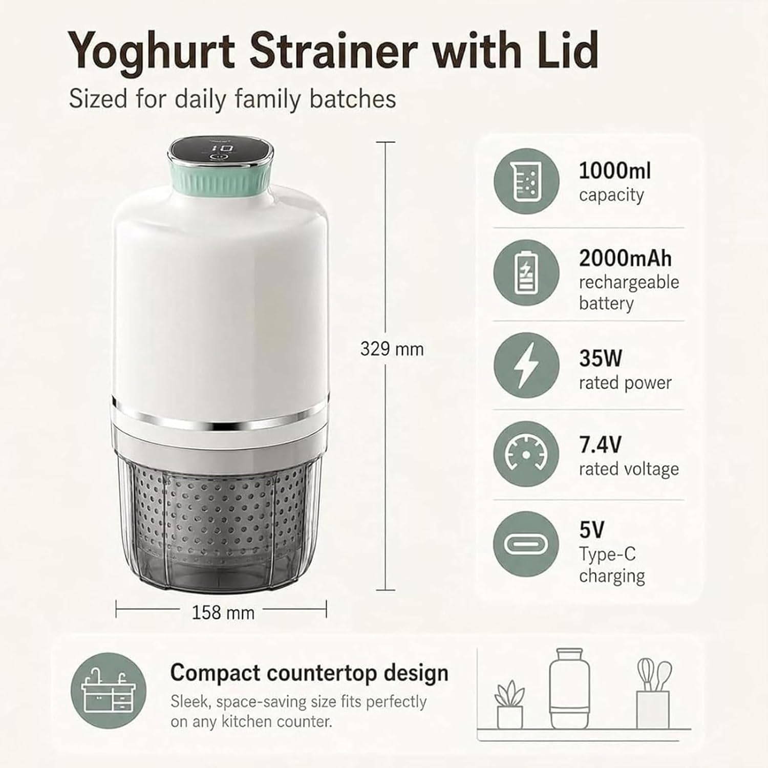 Colino elettrico per yogurt da 1 litro, formaggio fresco, 3 modalità, sacchetto a rete da 450 mesh e separatore di siero, yogurt freddo pressurizzato