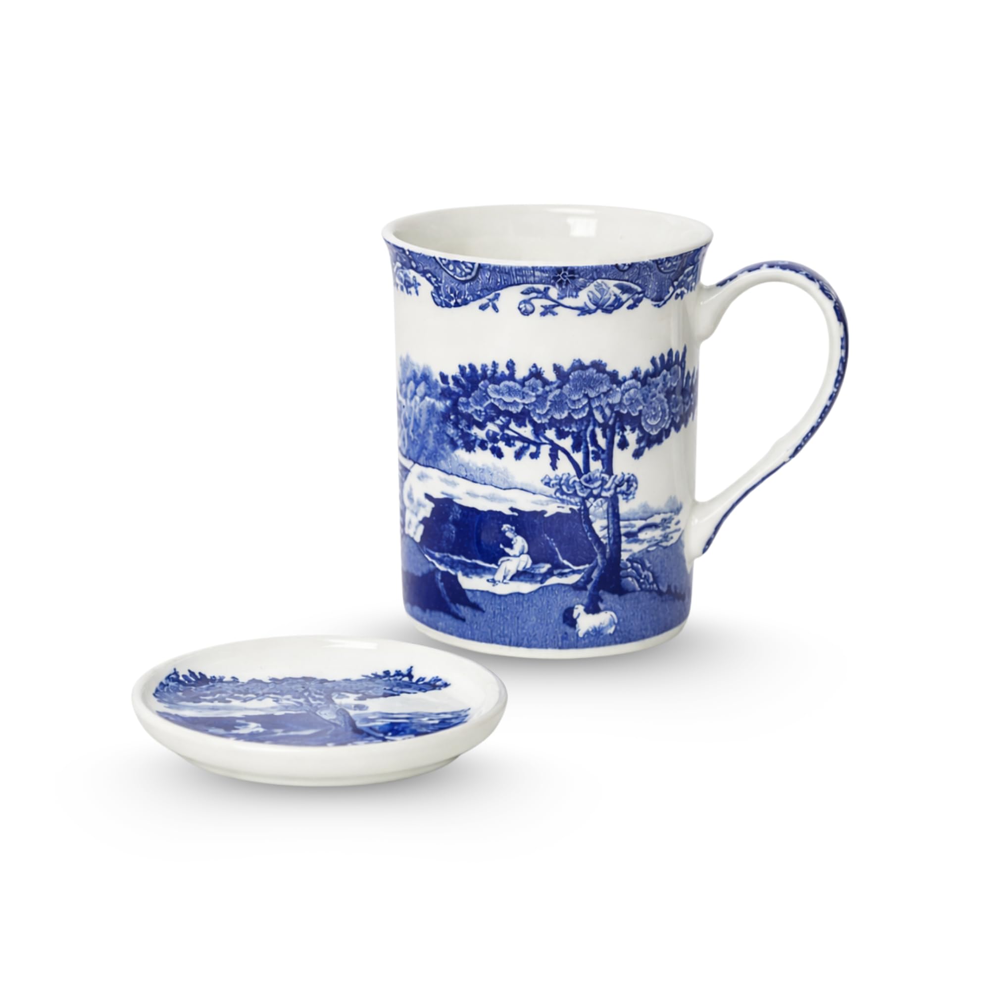 Spode Blue Italian Mug & Coaster Set | 12-Ounce | Large Handle | Use for Coffee, Tea, Latte, and Hot Chocolate | Made of Fine Porcelain | Dishwasher and Microwave Safe