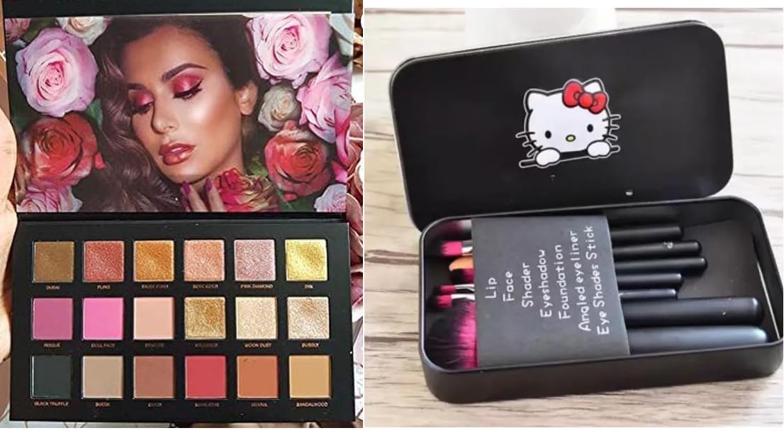 ELITEWAVE Makeup kit Rose Gold Eyeshadow Palette Multi 18 Color, Makeup Brush, 7 Pcs, Combo Set-image-49