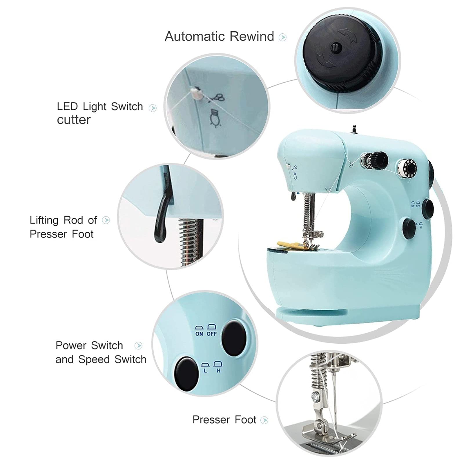 Mini máquina de Coser Mini máquina de Coser Rosca Doble Ajustable de 2 velocidades con Luces y Pedal de Corte Fácil de Usar (Azul, Talla única)