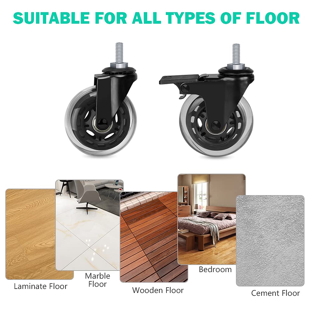 Hirate 3" Caster with 5/16" Threaded Stem(2 Casters with Brake Lock, 3 Without), Heavy Duty Swivel Stem Caster with Lock Nuts for Hardwood Tile Carpet Floor