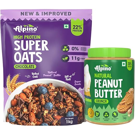 Alpino Pre-Workout High Protein & Fiber Diet Super Combo - High Protein Super Oats Chocolate 1kg, Natural Peanut Butter Crunch 1kg