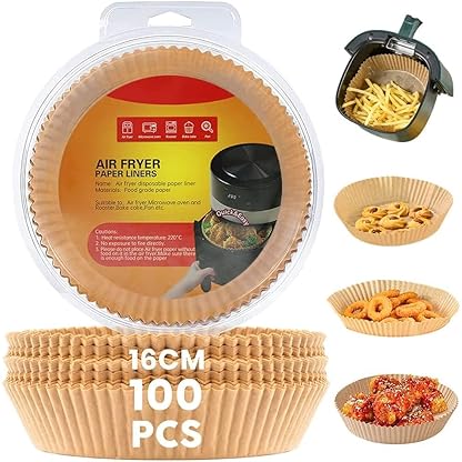 100 Stück Rundpapier für Luftfritteuse, 16 cm, kompatibel mit Cosori und Cecotec von 3 bis 6 l, Formen für Luftfritteuse und Backofen, Fritteusen-Zubehör, Luftfritteuse bis zu 6 Liter