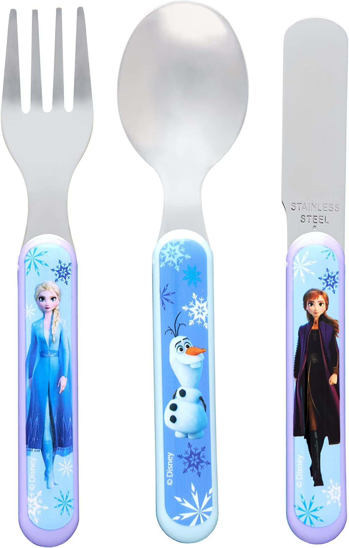 Disney Frozen II 3 Piece Cutlery Set - Metal, Reusable Children's Knife, Fork & Spoon, Kids-Size, Made from Food-Safe Stainless Steel & ABS Plastic - with Elsa, Anna & Olaf - for 36 Months & Up