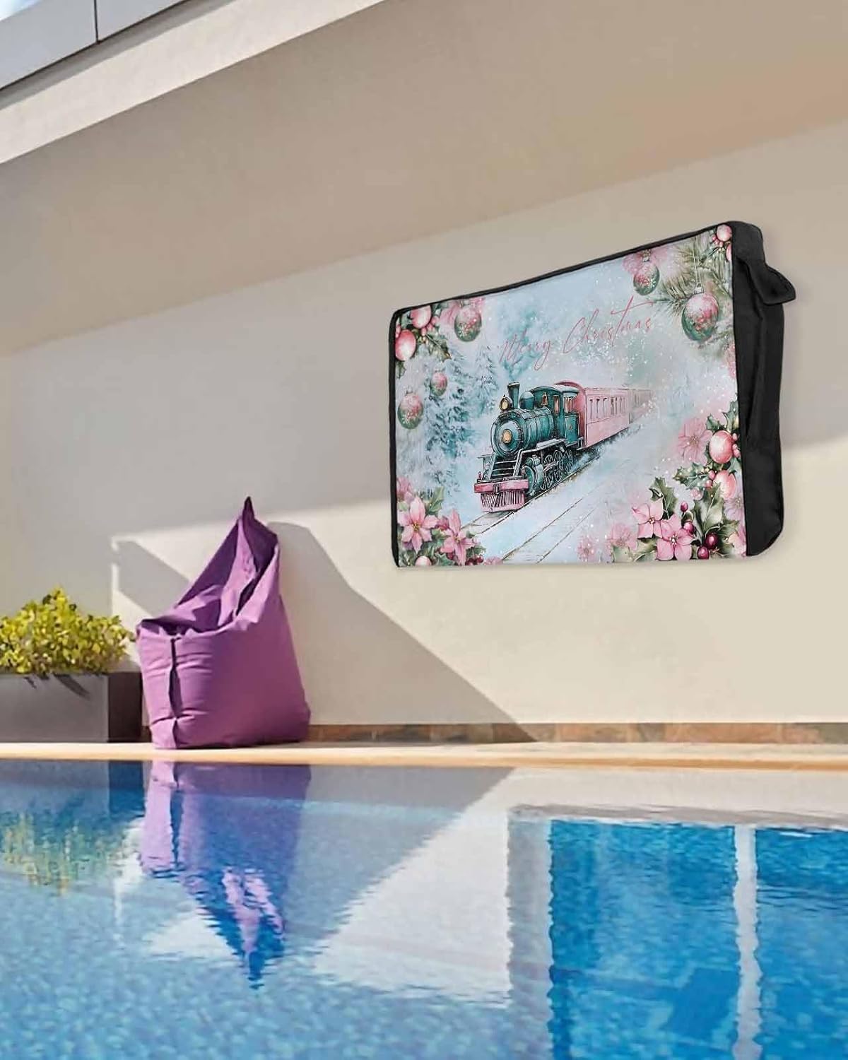 Merry Christmas Train Outdoor TV Cover 70"-75" - 600D Waterproof TV Cover Weatherproof TV Screen Protector Dustproof Winter Xmas Tree Balls Berry Floral Pink TV Display Protector for Flat Screen TV