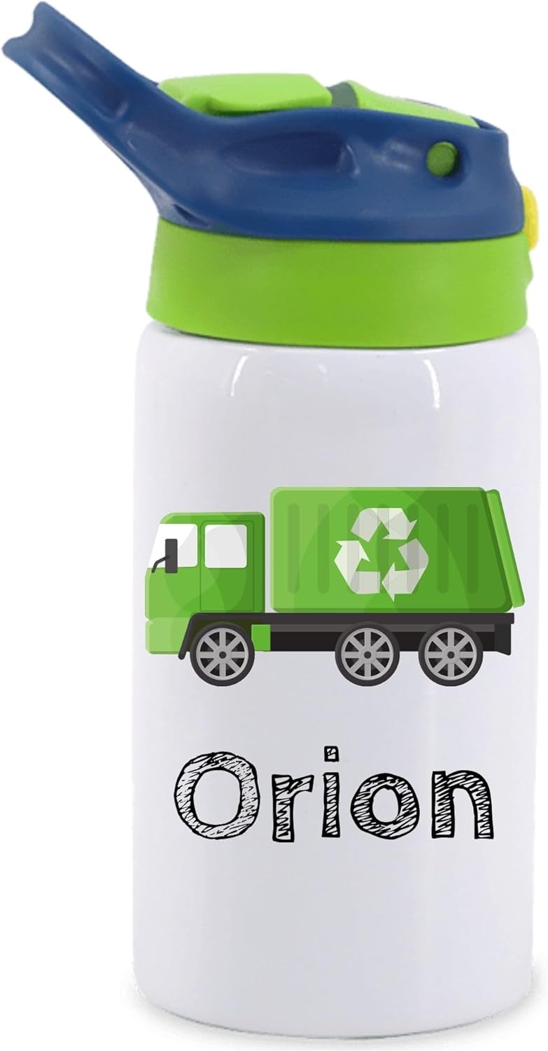 Personalized Recycle Truck Water Bottle / 12oz Kids' Insulated Cup with Lid & Straw/Custom Name Back-to-School Bottle for Trash Truck & Recycling Lovers