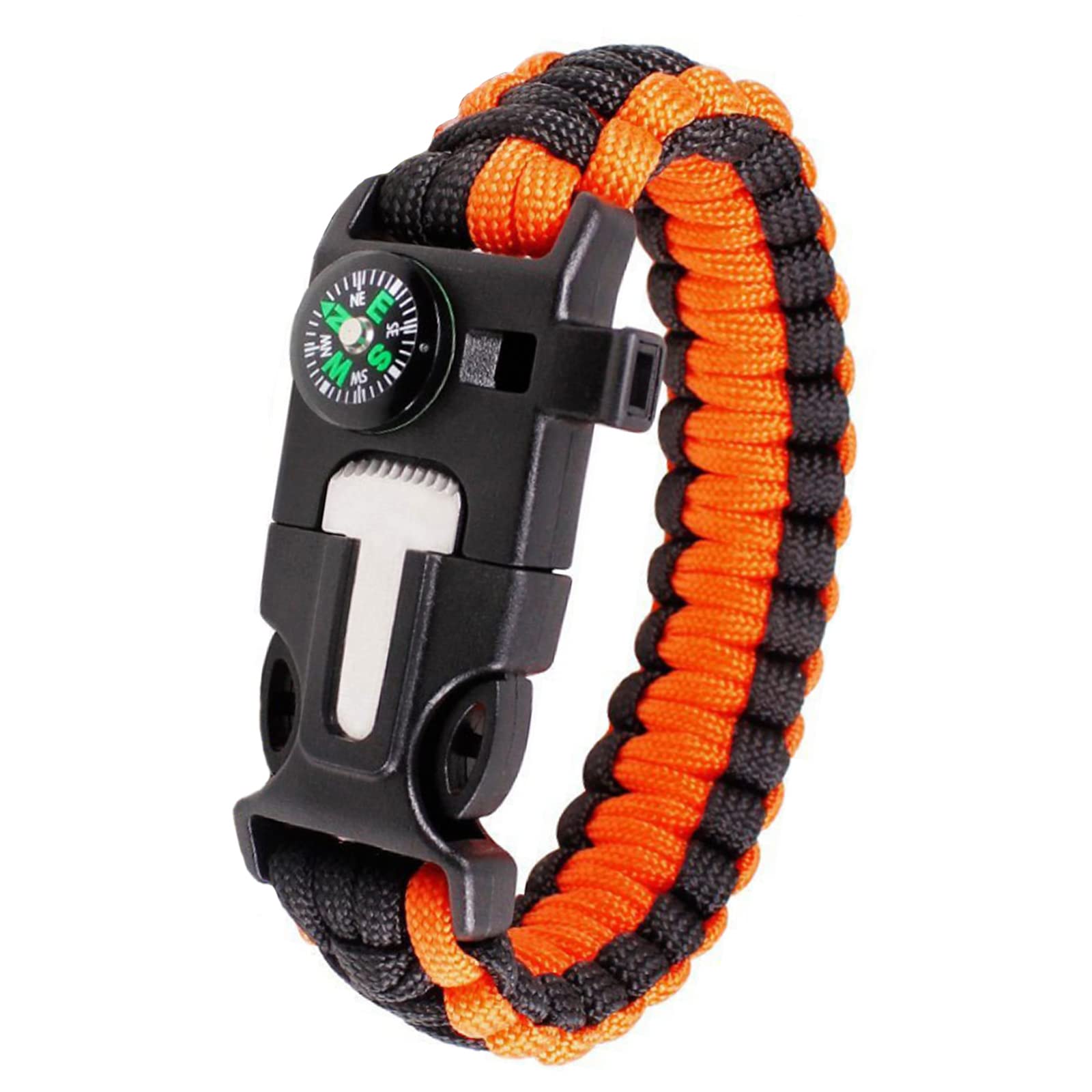Paracord Bracelet, Adjustable, Fire Starter, Loud Whistle, Perfect for Hiking, Camping, Fishing and Hunting (Orange and Black)