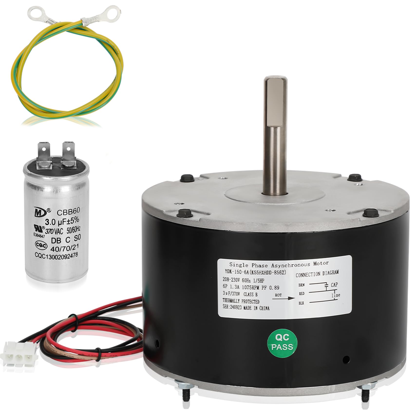 Photo 1 of K55HXHDD-8562 1086598 Condenser Fan Motor, 1/5HP 1075RPM 208-230V 1.3A 60Hz with 3 ?F Capacitor Fits for GE Emerson ICP Heil 1082639 K55HXPSS-7300 K55HXPSS-7298 K55HXKR-5599