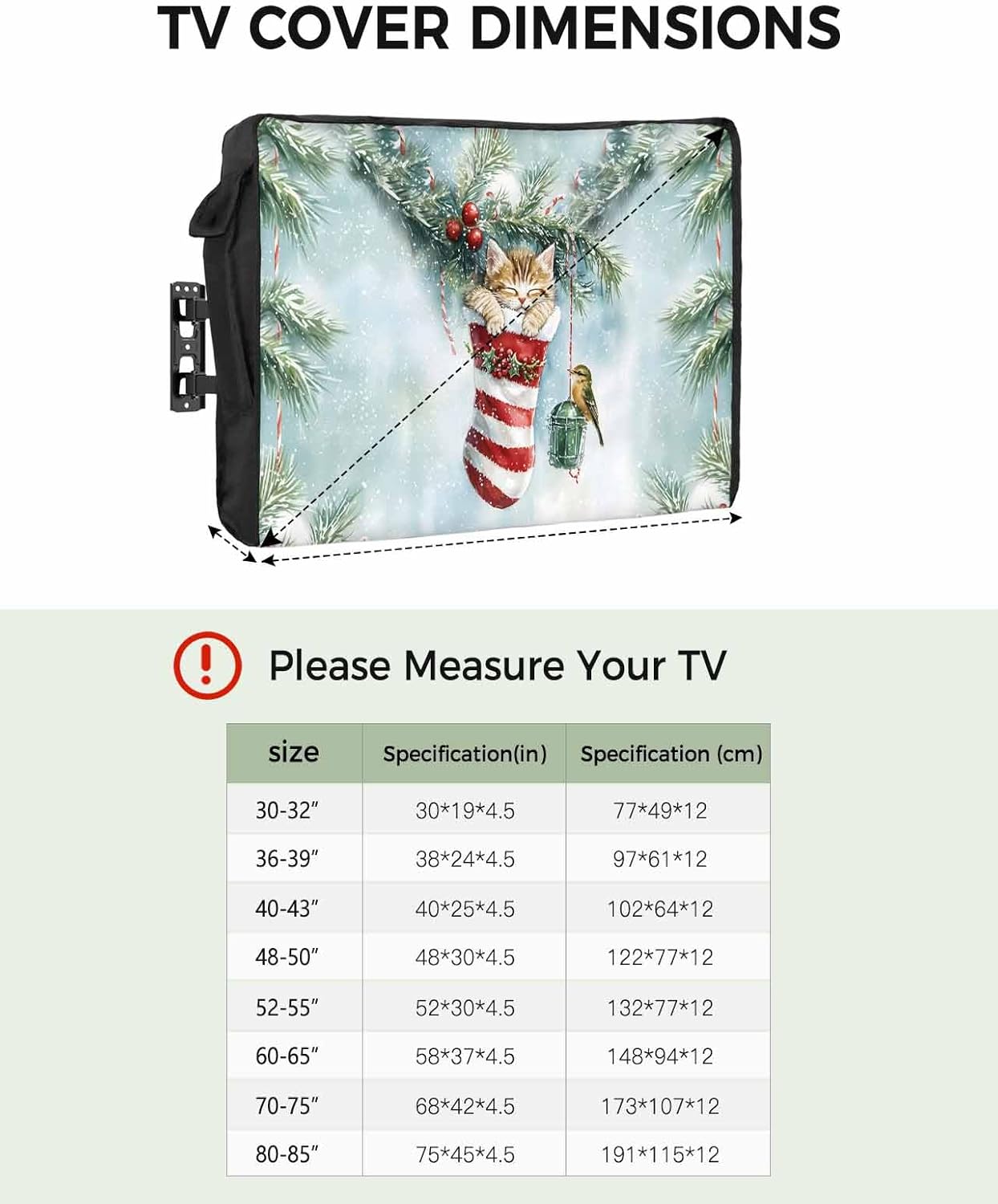 Christmas Pine Branch Outdoor TV Cover 70"-75" - 600D Waterproof TV Cover Weatherproof TV Screen Protector Dustproof Winter Cat on Xmas Stocking Berry Green TV Display Protector for Flat Screen TV