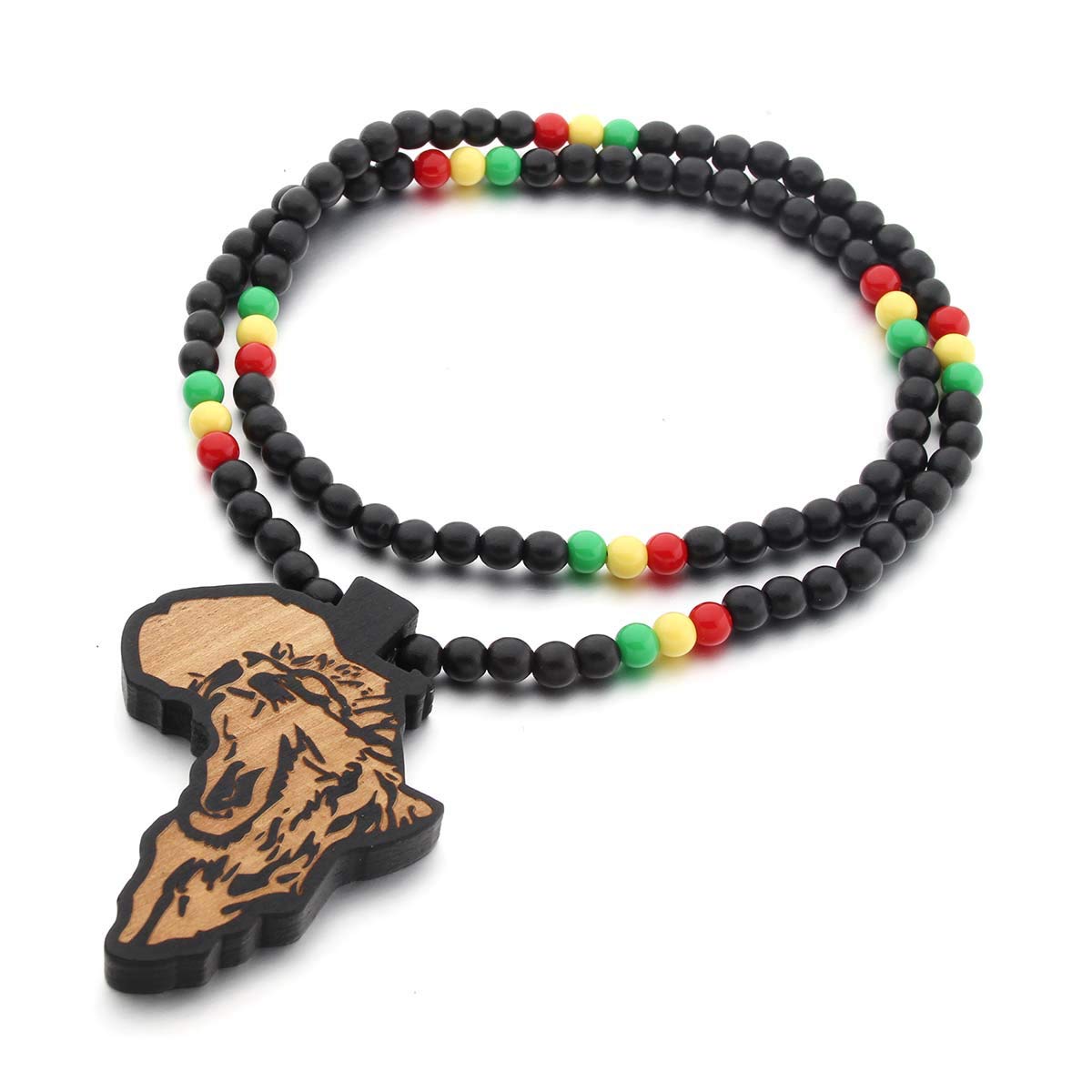 COLORFUL BLING Multicolor 8MM Wooden Bead Chain African Hip-hop Africa Map Pendant Necklace for Men Boys Natural Wood Jewelry