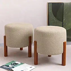 Kit 2 Puff Banquinho Redondo Decorativo Thor em Linho Pés Madeira Maciça Cor Bege