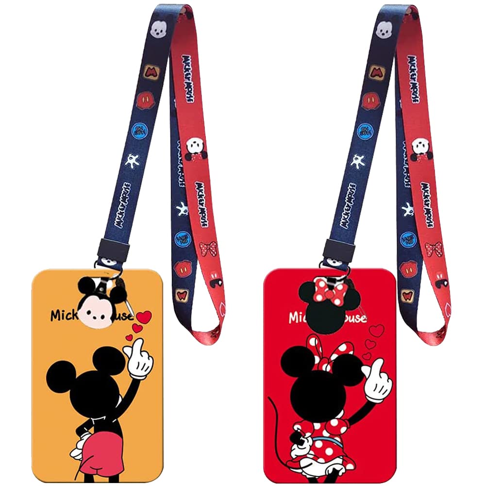 Hilloly Mickey Minnie with Lanyard Card Holder, 2 Pieces, Cartoon Neck Strap Mouse Badge Long Id for Office School Supplies Tickets