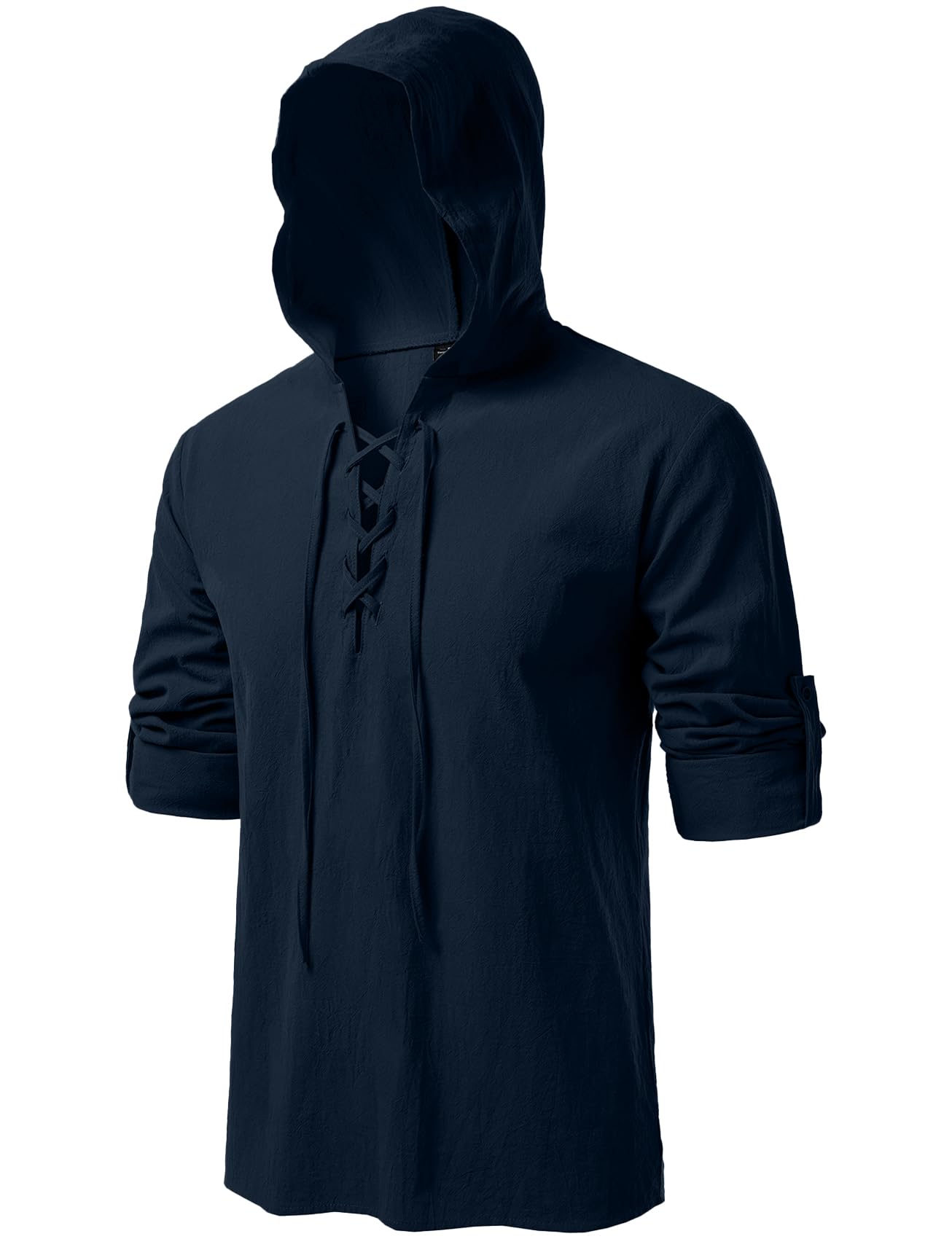 JEMITOP Men's Retro Style Renaissance Costume Roll Up Long Sleeve Lace Up Hooded Shirts for Pirate Viking Medieval Halloween Cosplay Clothing Navy Blue XL