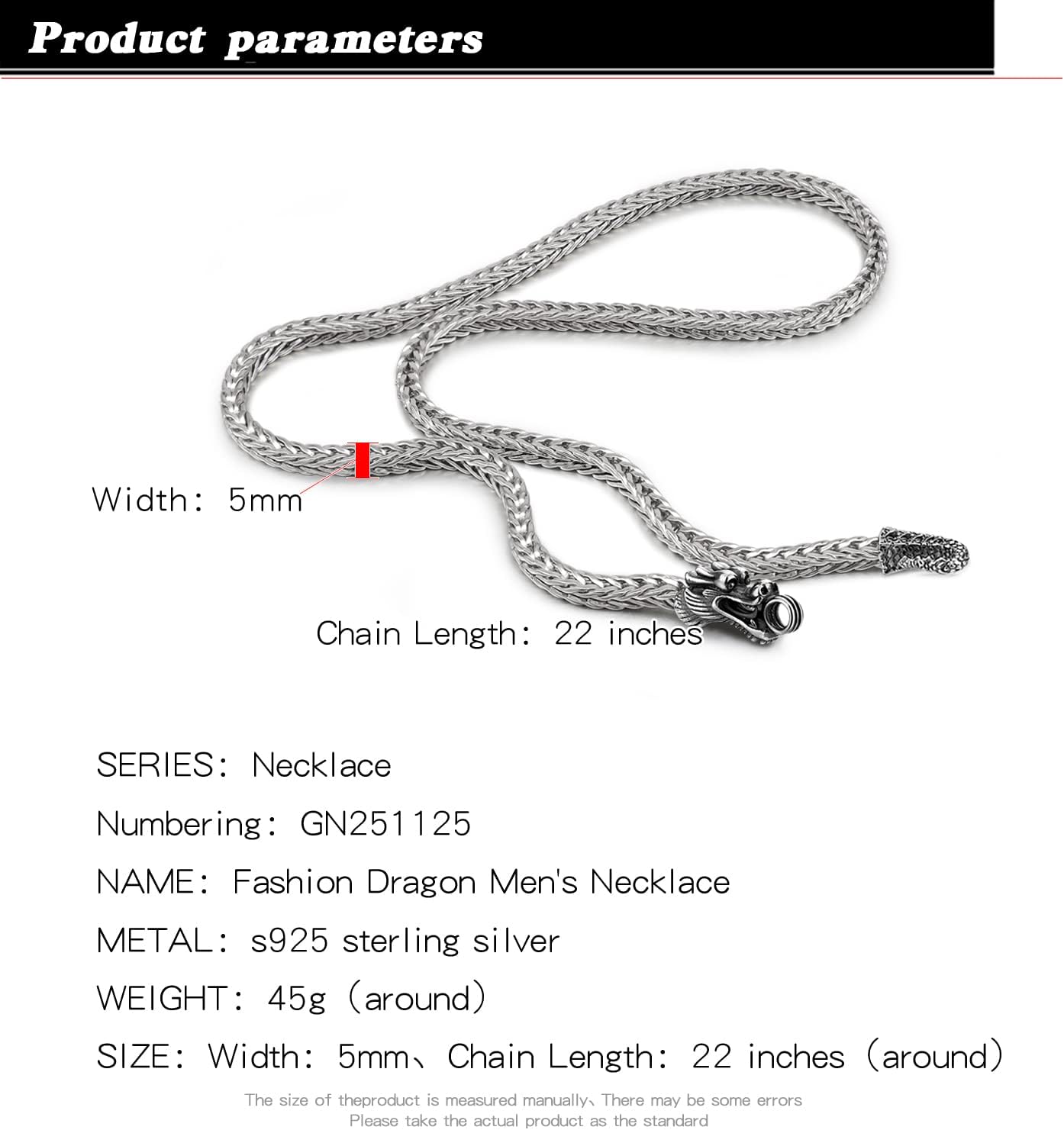 H&Beautimer Men 925 Sterling Silver Dragon Chain Necklace Fashion 5MM-20 22" 24" 26" Solid Thick squareLink Choker Golden Jewelry Gift - Image 6