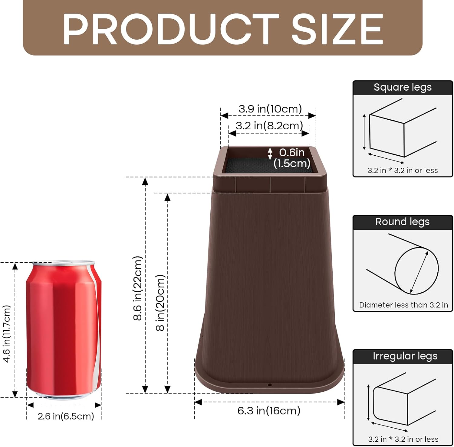 Bed Risers 8 Inch Heavy Duty, Adjustable Furniture Risers, Non Slip Lift Supports for Beds/Couches/Sofas, Bed Lifters for Dorm Twin XL, Durable Square Design (Brown 4 Pack, 8 Inch)