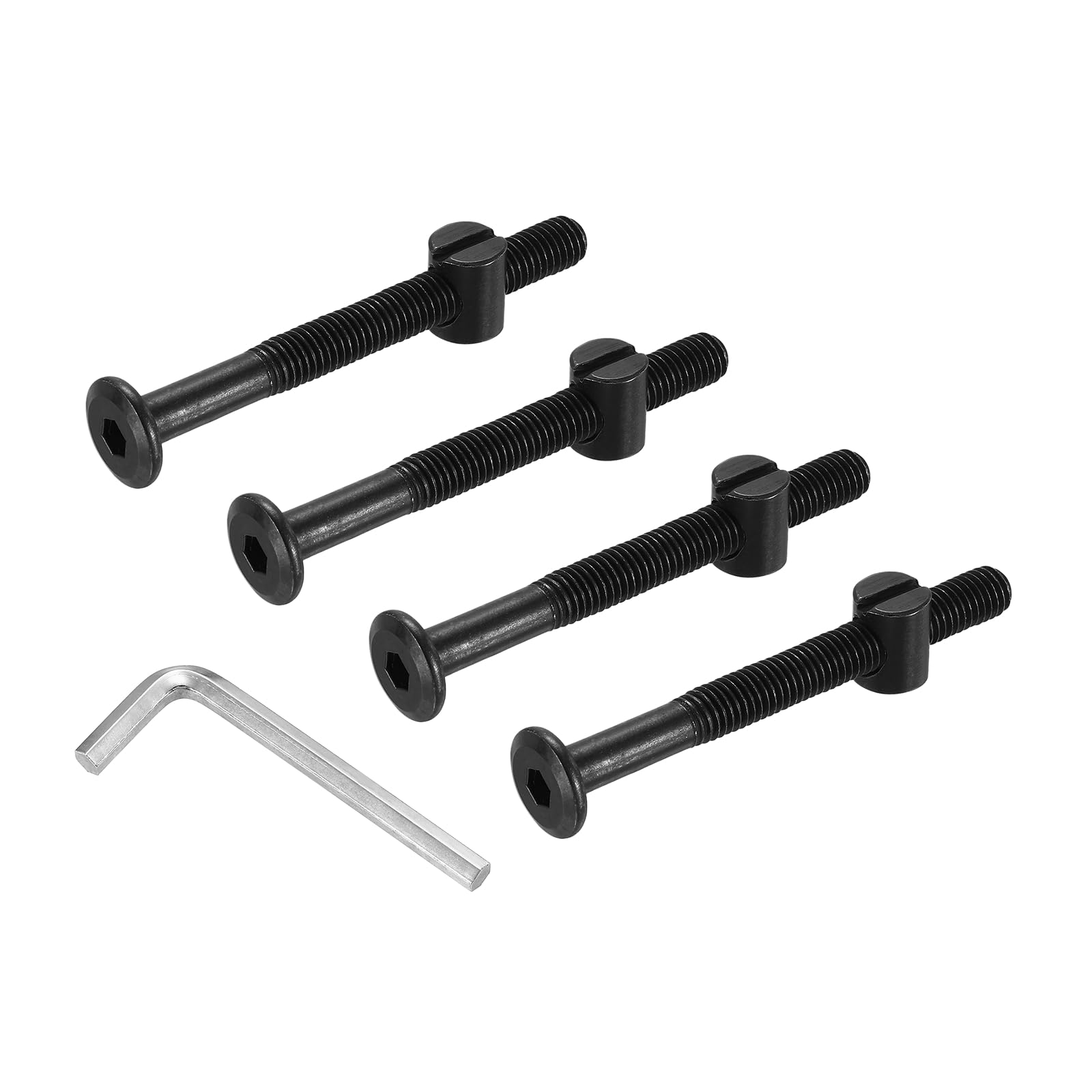PATIKIL Furniture Bolt Nut Set, 4 Pcs M8 x 80 mm Metric Carbon Steel Flat Head Hex Socket Cap Screws Bolts with Barrel Nuts Hex Key Wrench for Beds Headboards Chairs, Black