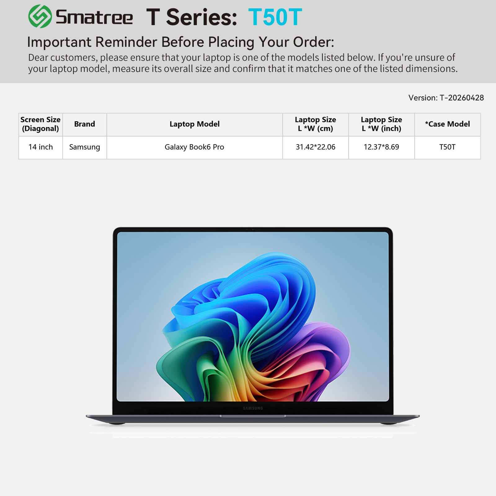 Smatree T50T - Funda protectora rígida para portátil de 14 pulgadas compatible con Samsung Galaxy Book6 Pro