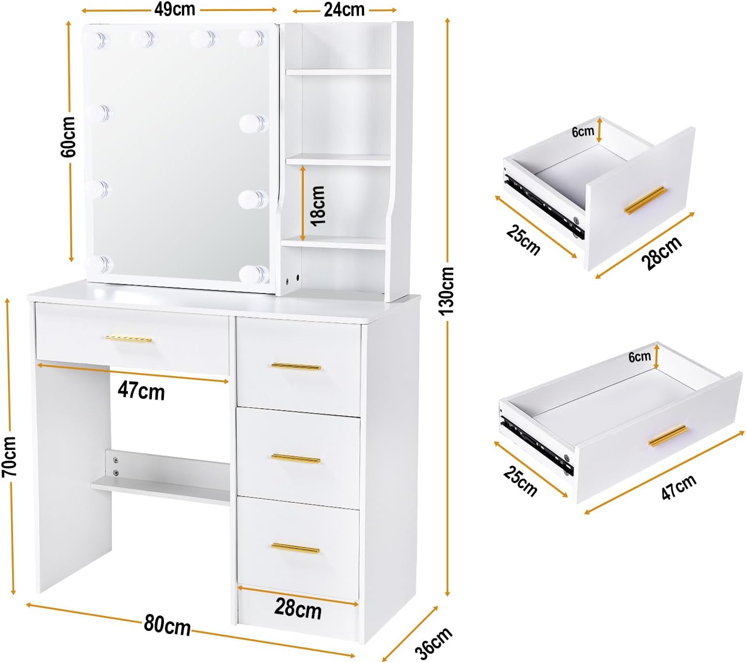 JBLCC Vanity Desk with Mirror and Lights, White Makeup Vanity with 3-Color Lighted Sliding Mirror, 4 Drawers & Open Shelves, Small Vanity Table for Bedroom, Girls & Women