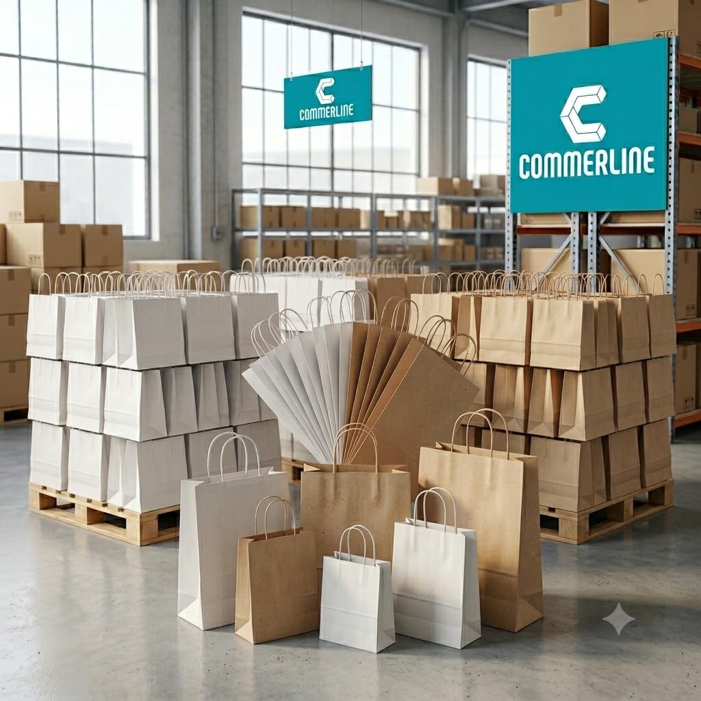 Commerline Lot de 200 sacs en papier kraft marron avec anse, 35 + 14 x 36 cm, avec poignée en cordon, sacs en papier pour le shopping et l'emballage, sacs cadeaux d'anniversaire d'enfants, fêtes