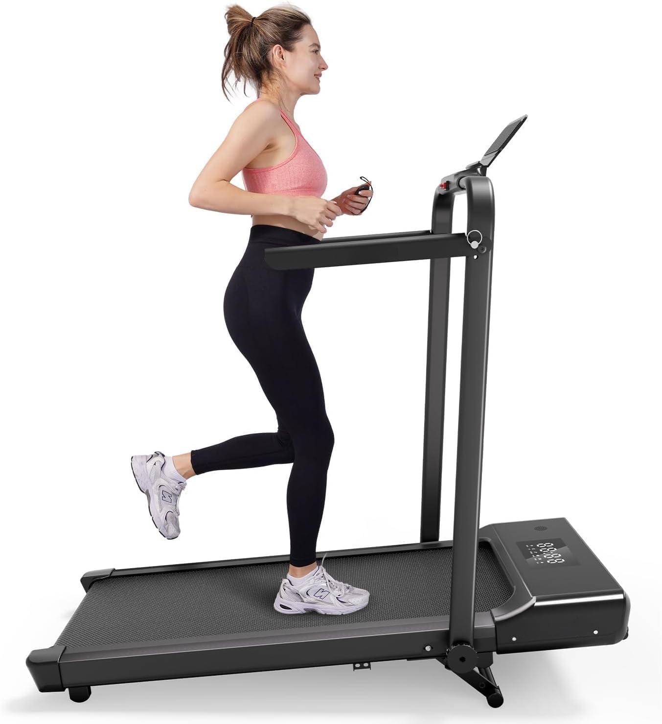 DeerRun Foldable Walking Pad Treadmill for Home & Office, Under Desk Walking Pad Treadmill with 9% Manual Incline and Handlebar, 0.6–7.5 MPH, 300 lb Capacity, App & Remote Control Black