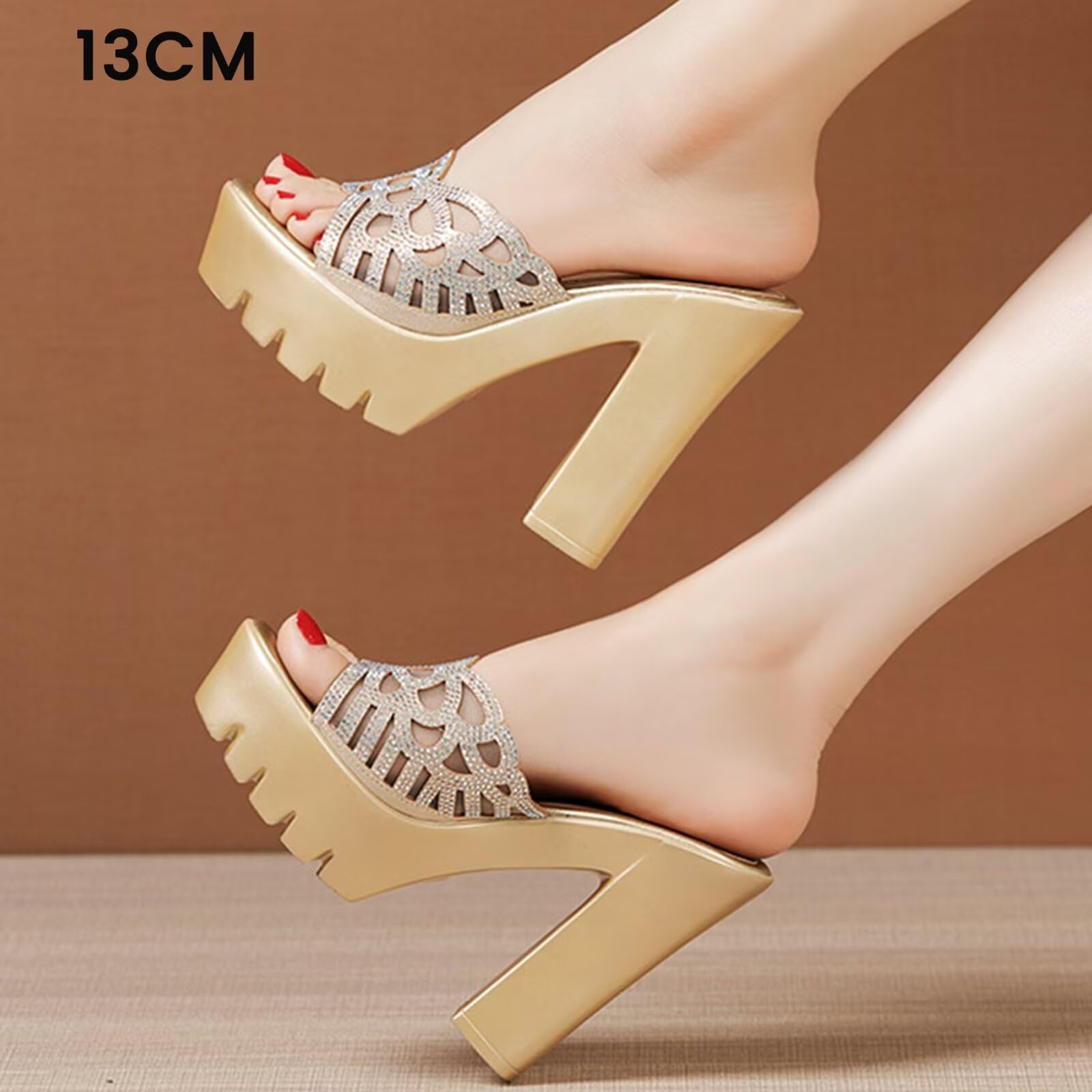 HNVAVQ Sandalias de Plataforma con Strass y Tacón Ancho Mules