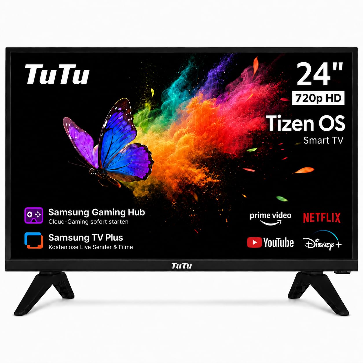 TuTu TU24Q1H-T8 Smart TV 24 Pulgadas (60 cm), LED HD Televisor | Powered by Tizen, WiFi, Bluetooth, App Store, AirPlay, Triple Tuner (DVB-T/T2, DVB-C, DVB-S/S2), HDMI, USB
