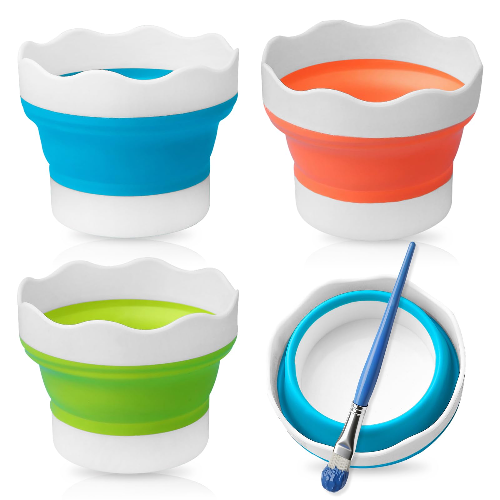 3 PCS Water Pot for Painting, Collapsible Paint Brush Washer Silicone Paint Water Pots Foldable Mini Washing Bucket (Blue, Orange, Yellow)