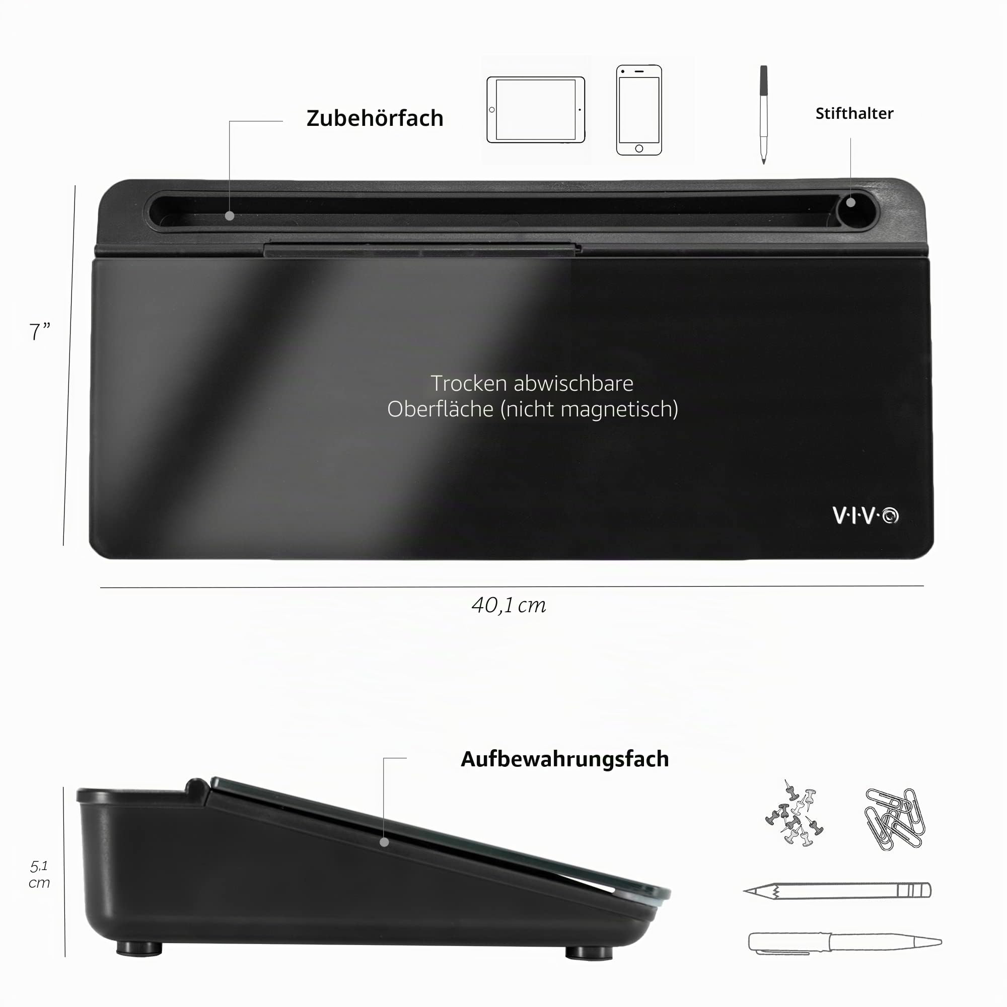 Vivo DESK-WB16B Whiteboard-Organizer aus Glas, 40,6 x 17,8 cm, trocken abwischbar, Schreibtisch-Whiteboard-Organizer mit versteckten Fächern und Geräteschlitz, Schwarz