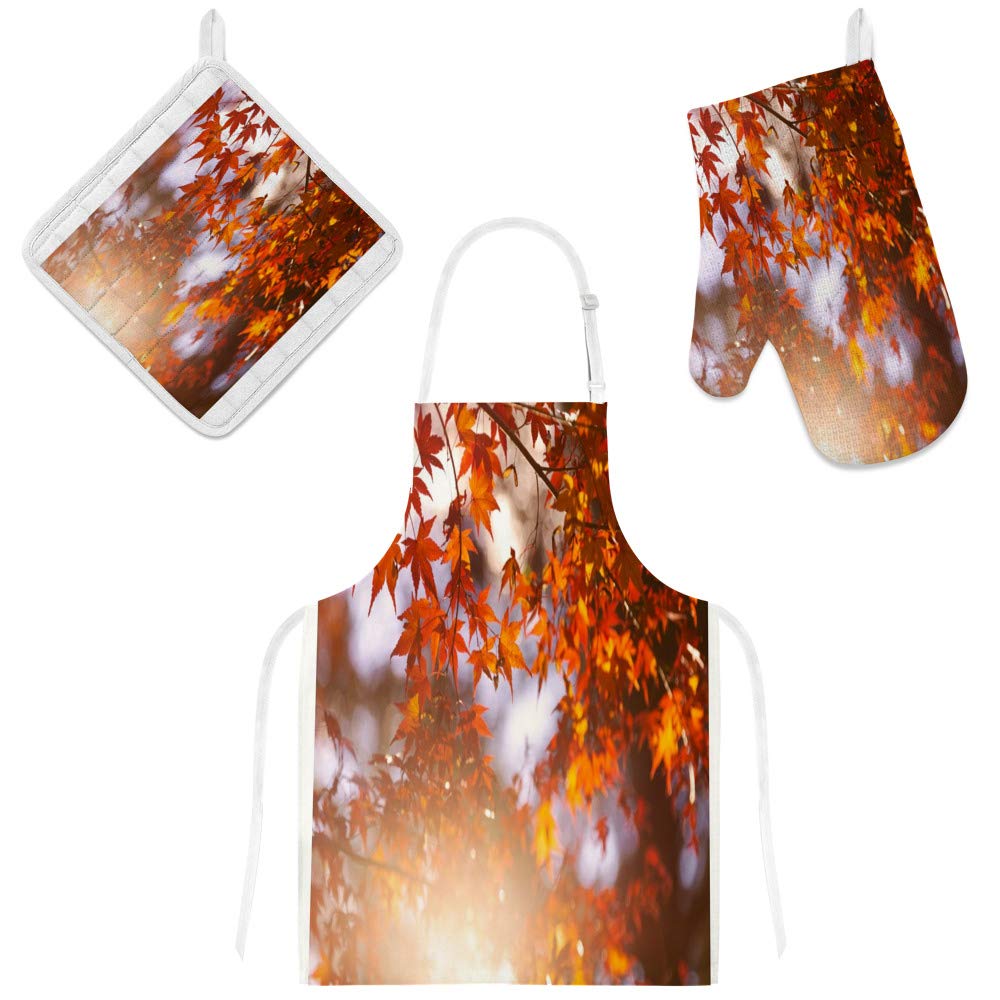 Tablier de cuisine imperméable et kit manique gant motif feuilles d'érable rouge réglable 3 pièces