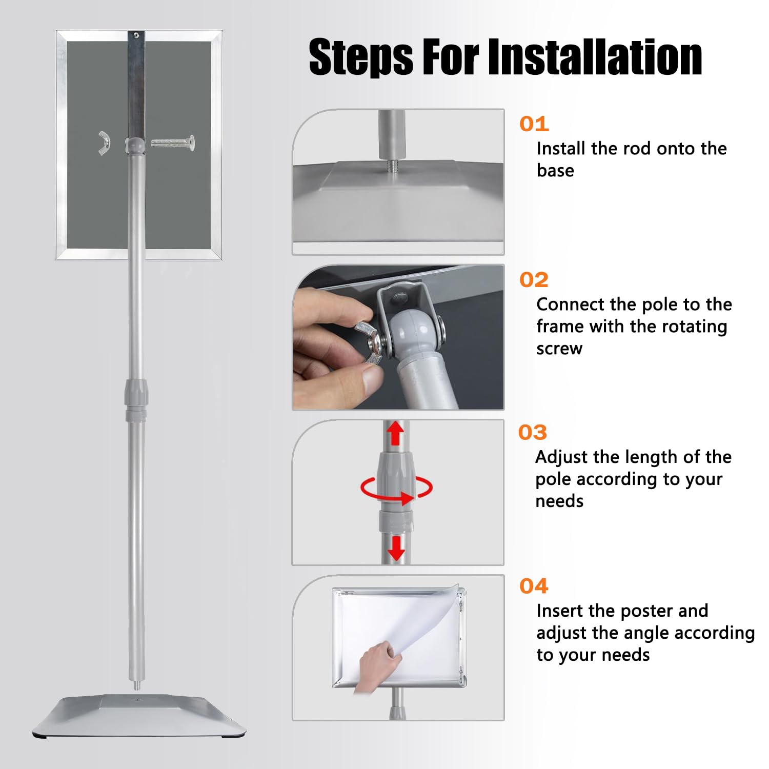 Soporte ajustable para carteles, con base de hierro mejorada, soporte de señalización de suelo de pedestal para publicidad en exteriores o interiores (8.5 x 11 pulgadas, plateado)
