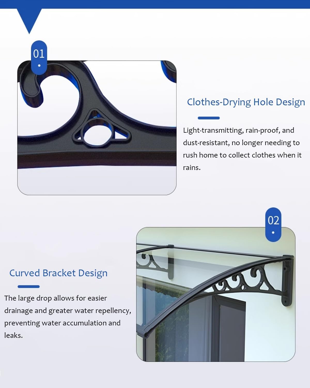 Polycarbonate Cover Door Awning for Patio UPF 50+ Window Awning Rectangle with Plastic Steel Bracket Kit for Sun Shutter, UV, Rain and Snow Protection(80x260cm/31x102in)