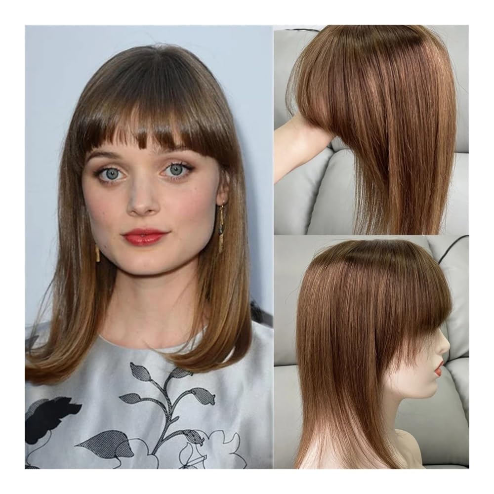 Topper for capelli umani con frangia for donna, clip con base in seta 12X13 cm nel parrucchino for capelli diradati(30 cm,Dark Brown)