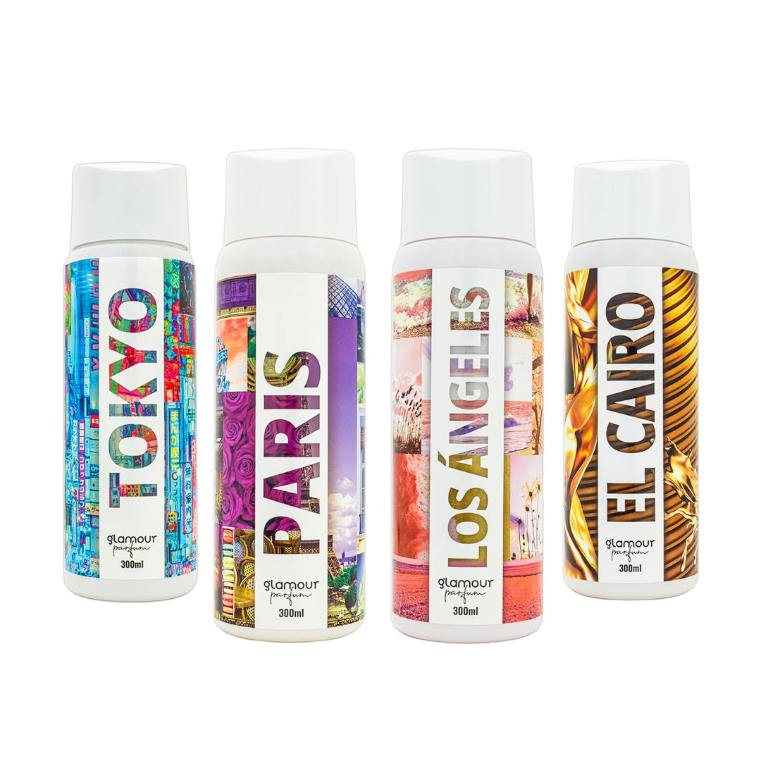 GLAMOUR PARFUM | Pack Great Continents | Ricariche per ambiente spray | Profumo per casa | Riutilizzabile | Concentrazione alta in essenze | 4 x 300 ml