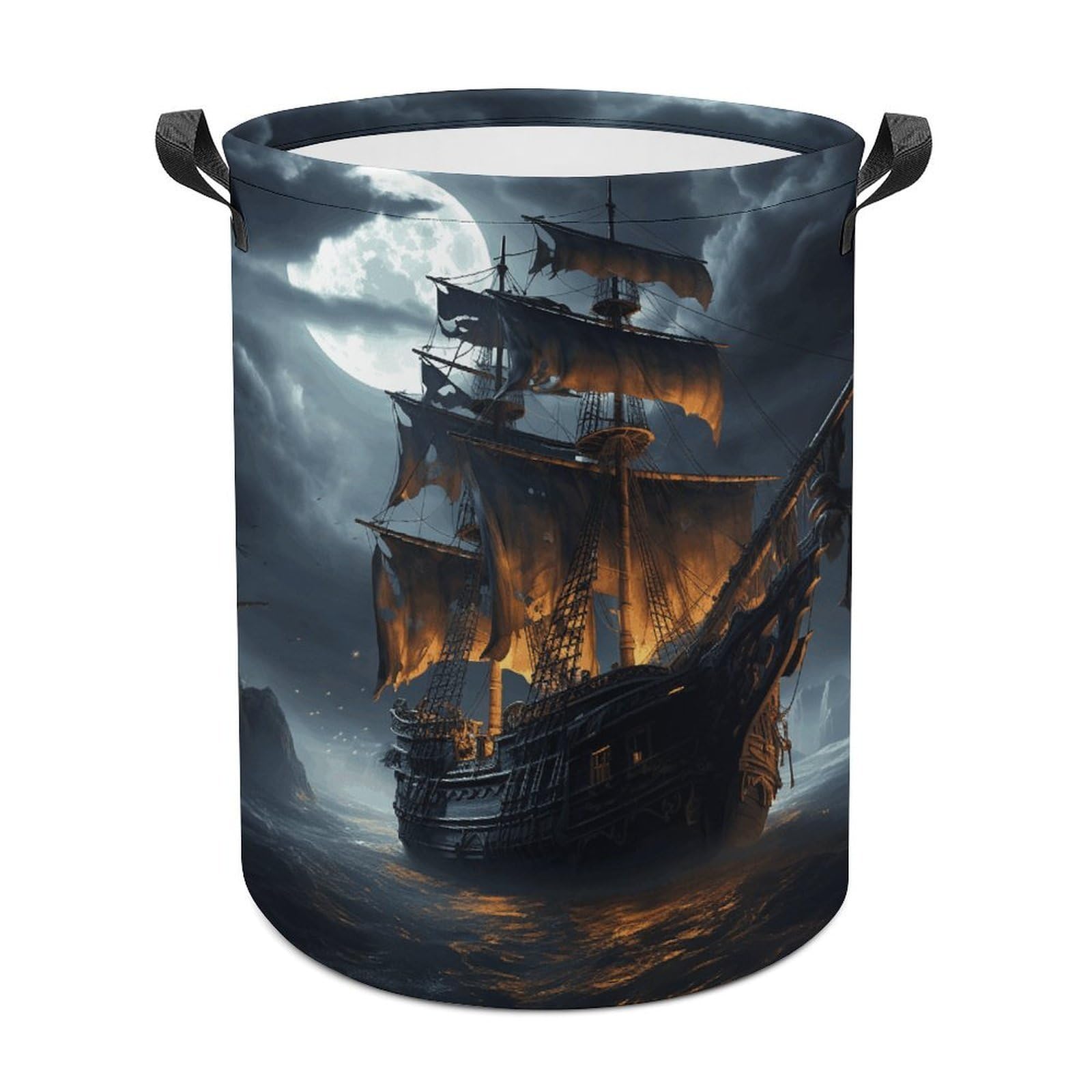Pirate Sailboat Full Moon Laundry Basket Large Foldable Laundry Hamper Waterproof Clothes Hamper with Handles Durable Dirty Clothes Storage Bucket for Bedroom Bathroom Laundry Room